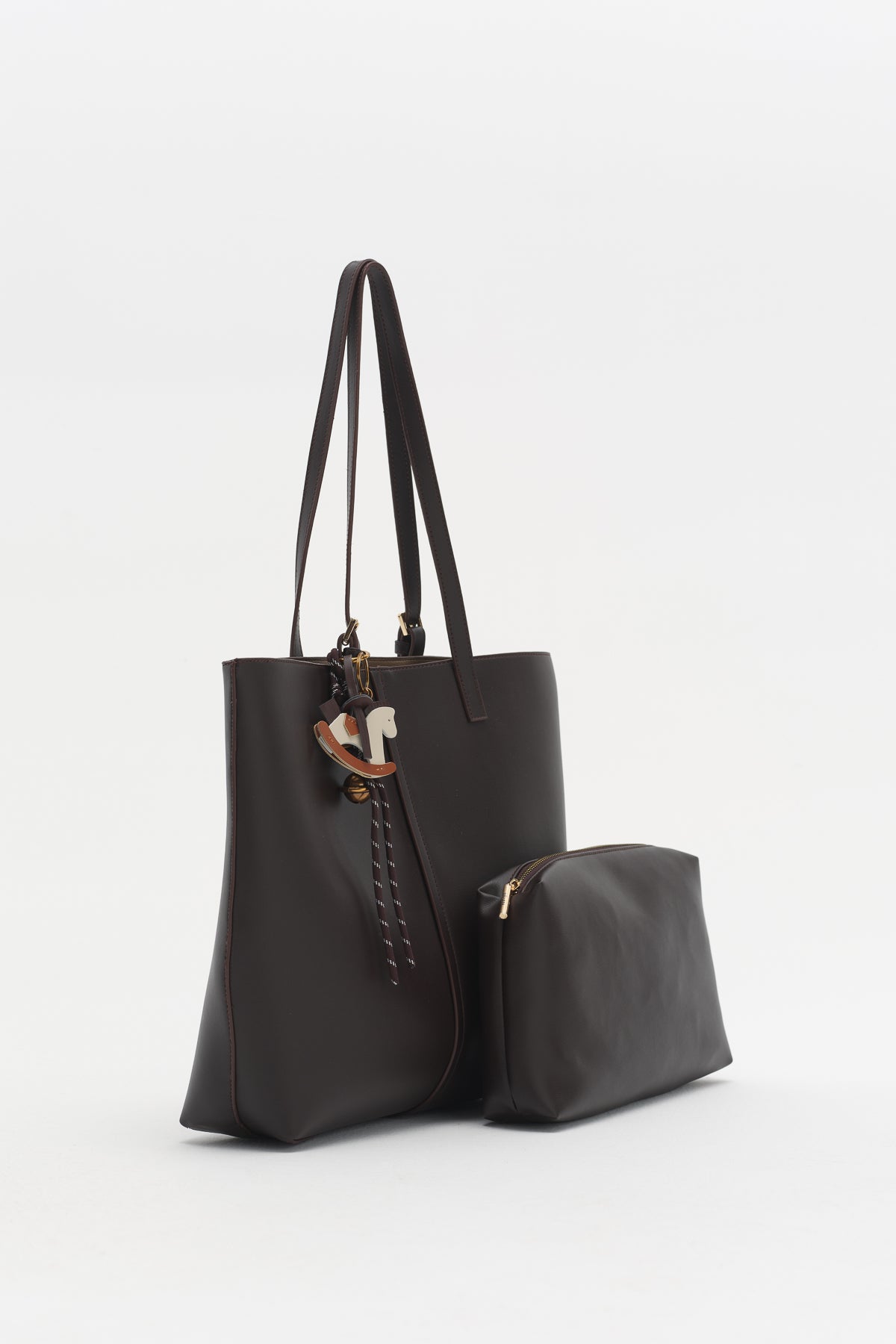 Çift Saplı Charm Detaylı Shopper Çanta - Kahve