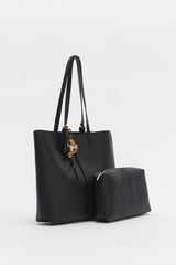 Double Handle Charm Detail Shopper Bag - Black