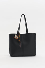 Double Handle Charm Detail Shopper Bag - Black