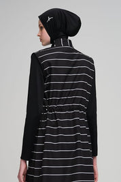 Çise Striped Black Full Coverage Swimsuit Set with Sleeve - Black