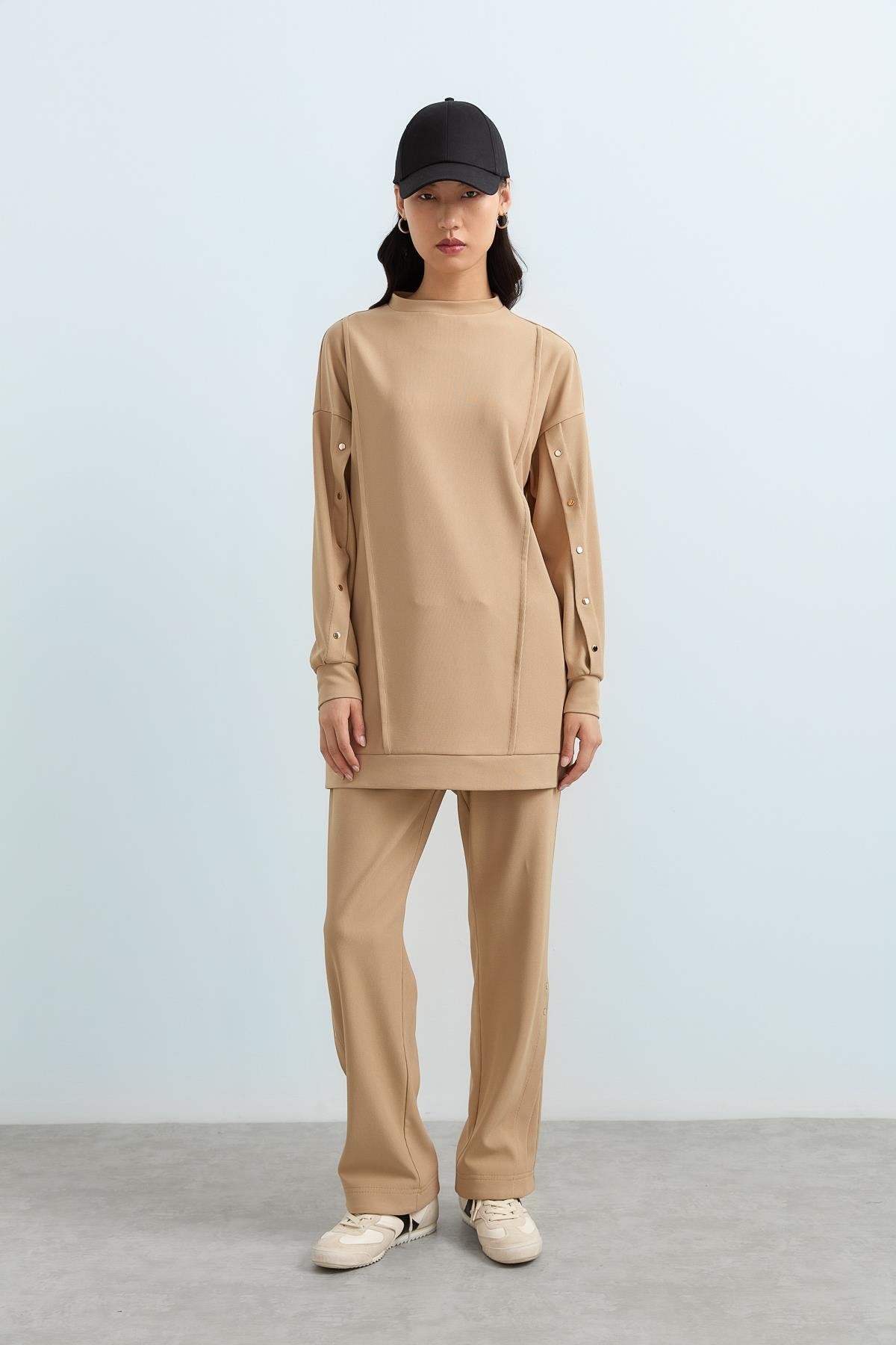 Çıt Çıt Detaylı Örme Pantolon Tunik Takım - Camel