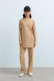 Çıt Çıt Detaylı Örme Pantolon Tunik Takım - Camel