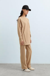 Çıt Çıt Detaylı Örme Pantolon Tunik Takım - Camel