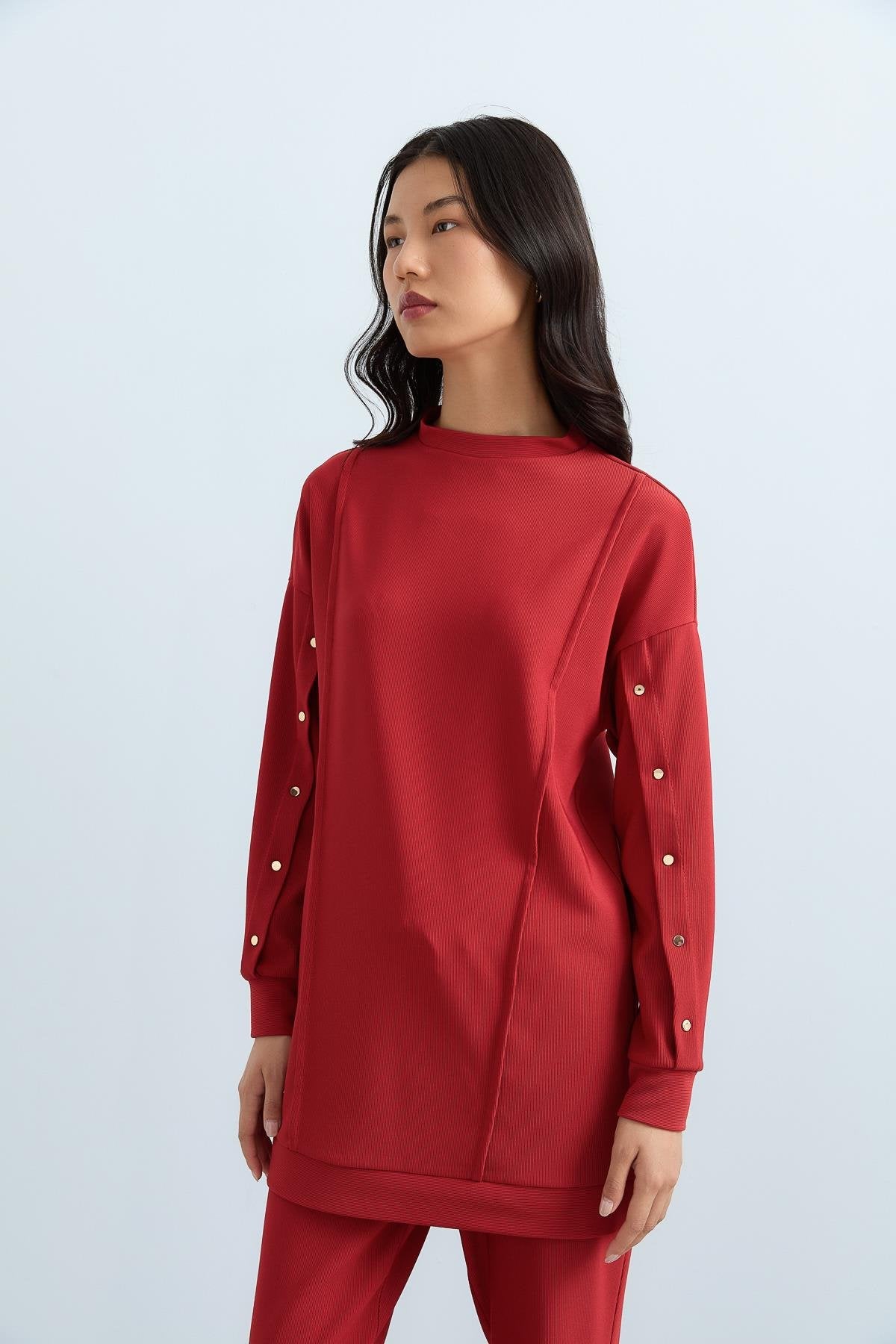 Çıt Çıt Detaylı Örme Pantolon Tunik Takım - Kiremit