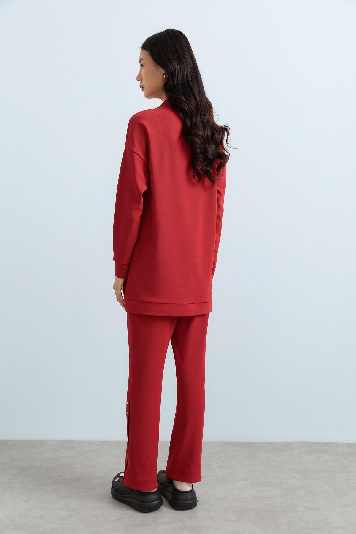 Çıt Çıt Detaylı Örme Pantolon Tunik Takım - Kiremit