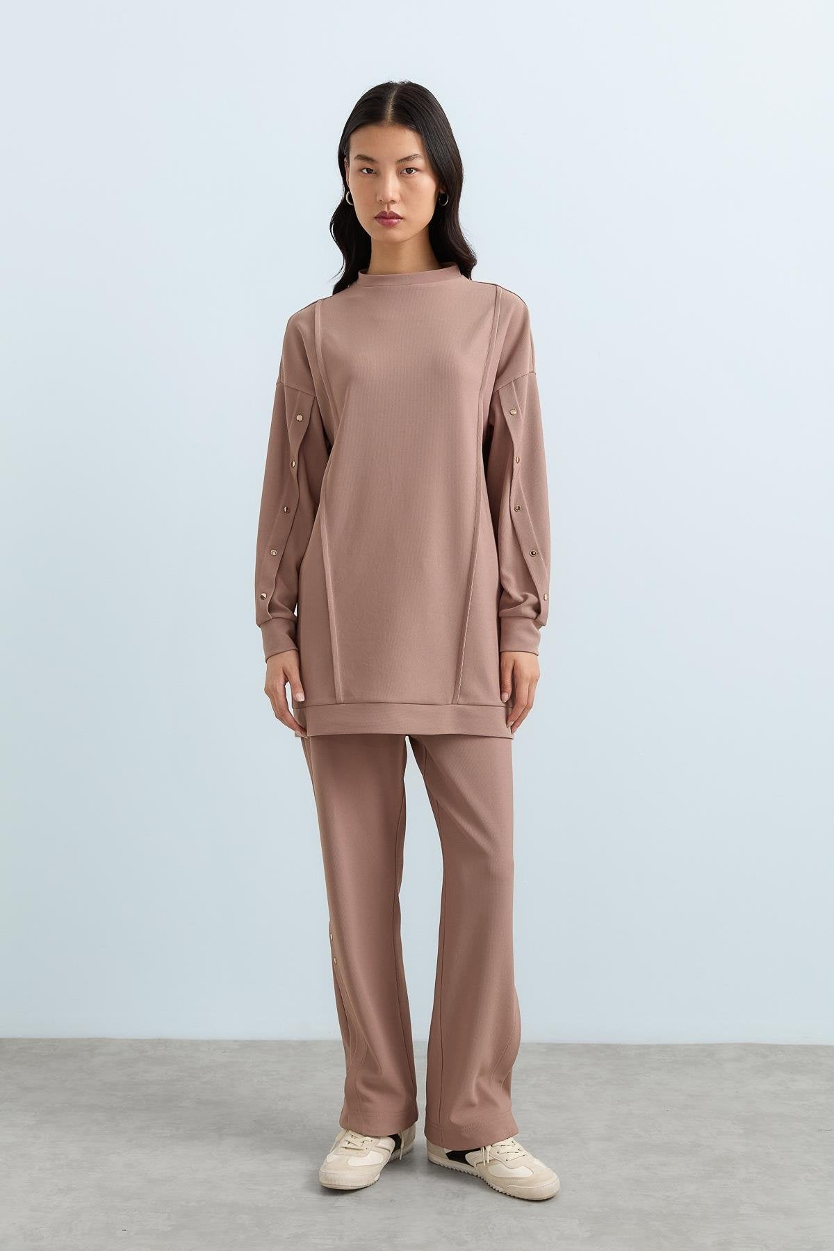 Çıt Çıt Detaylı Örme Pantolon Tunik Takım - Vizon