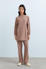 Snap Button Detail Knitted Pants and Tunic Set - Mink