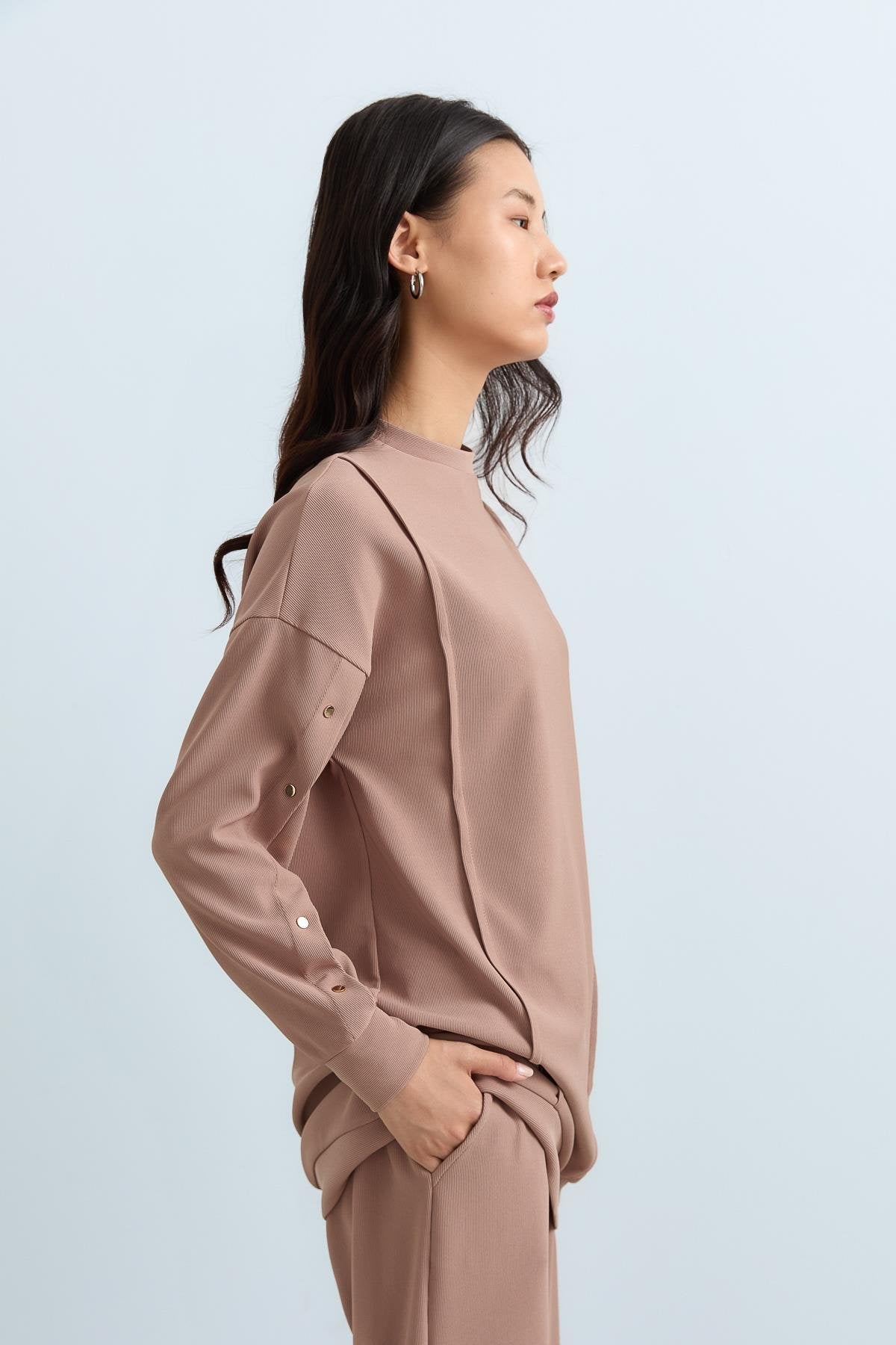 Snap Button Detail Knitted Pants and Tunic Set - Mink