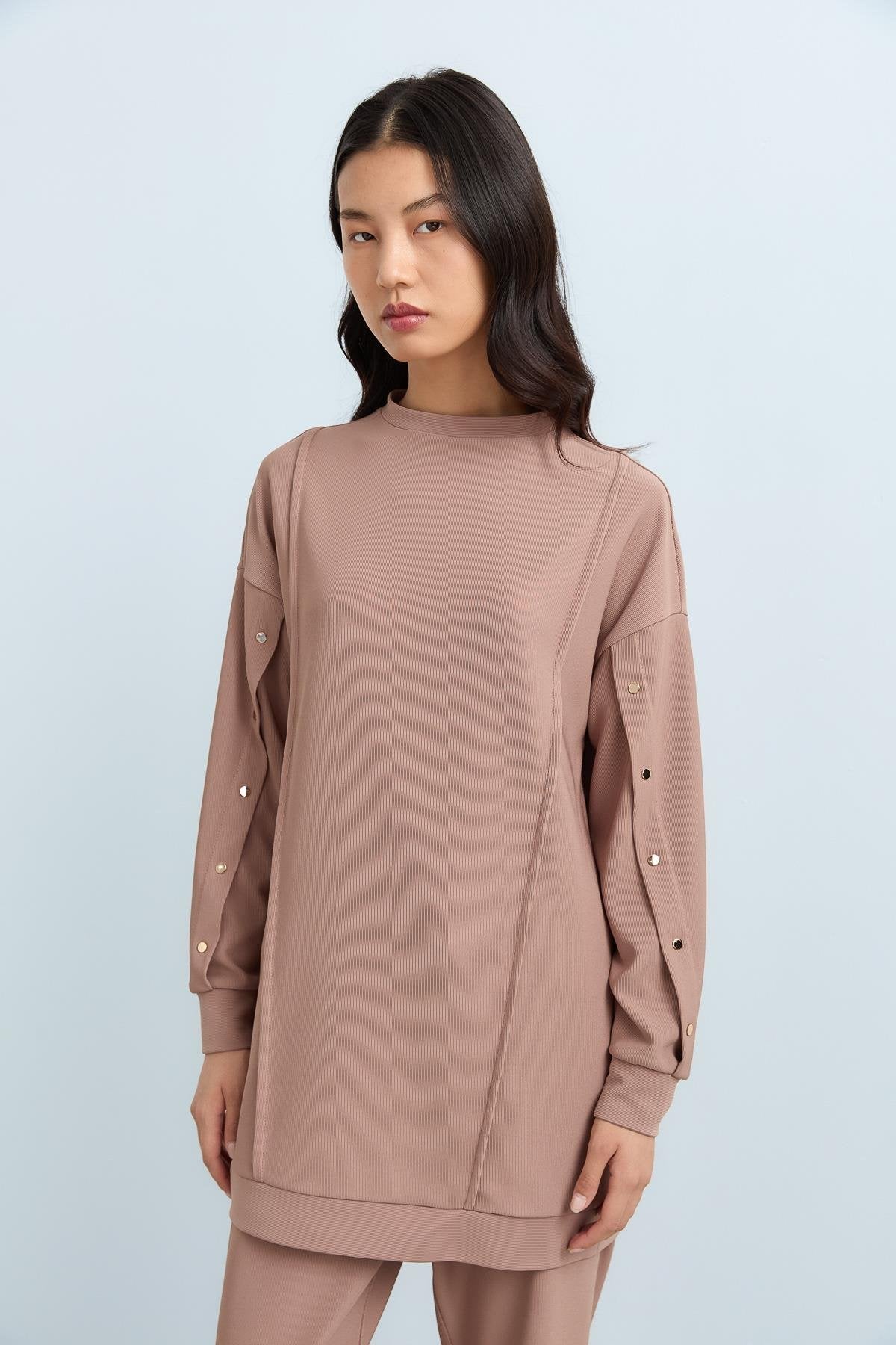 Snap Button Detail Knitted Pants and Tunic Set - Mink