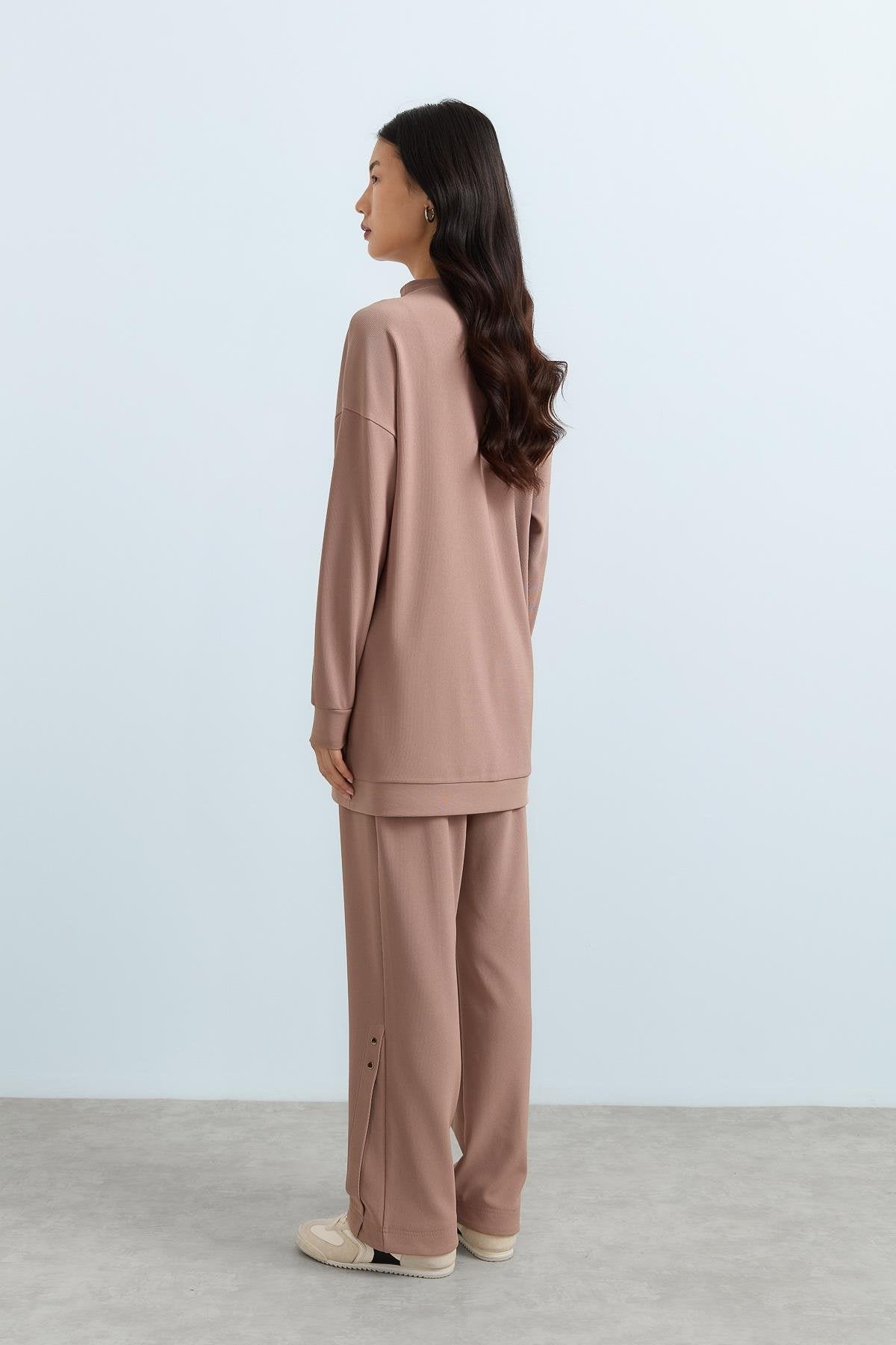 Snap Button Detail Knitted Pants and Tunic Set - Mink