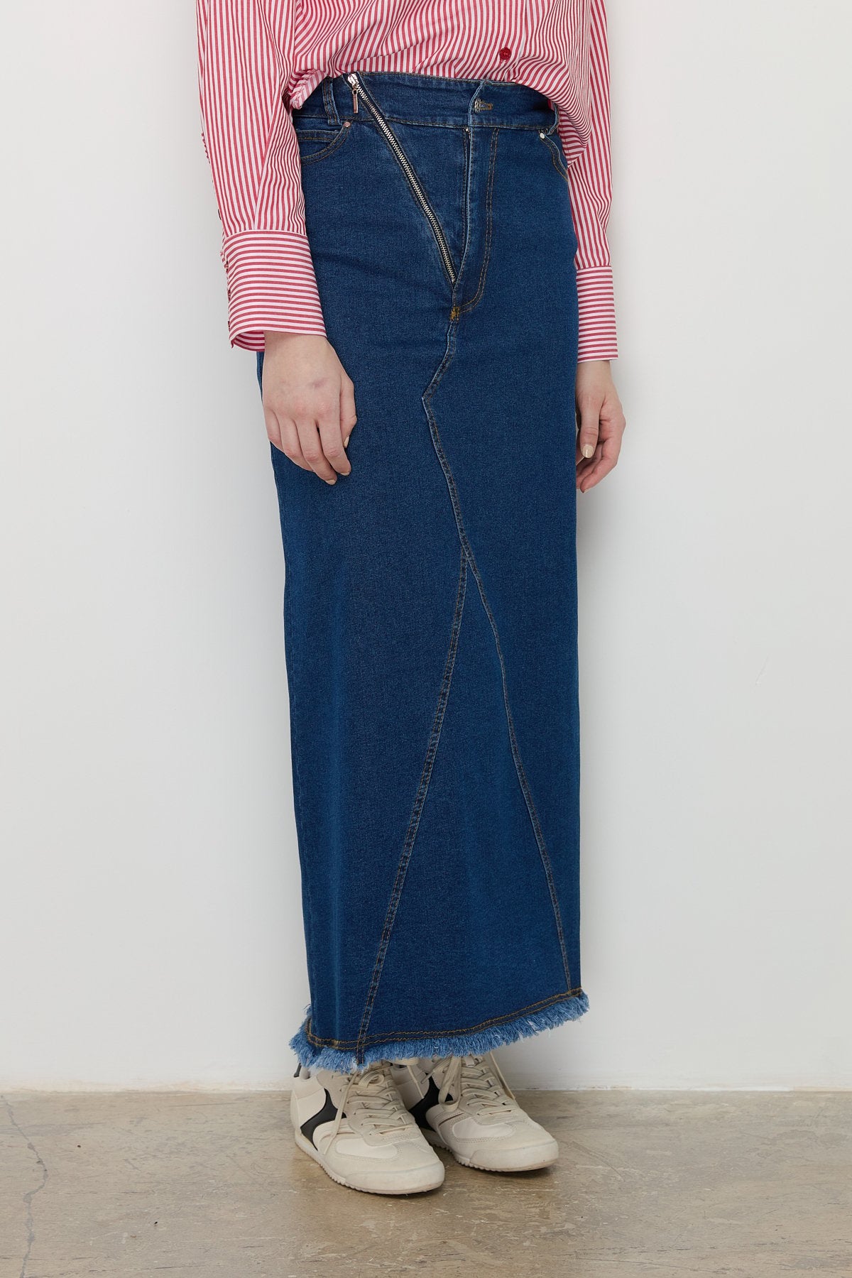 Çıt Çıtlı Fermuar Detaylı Denim Etek - İndigo