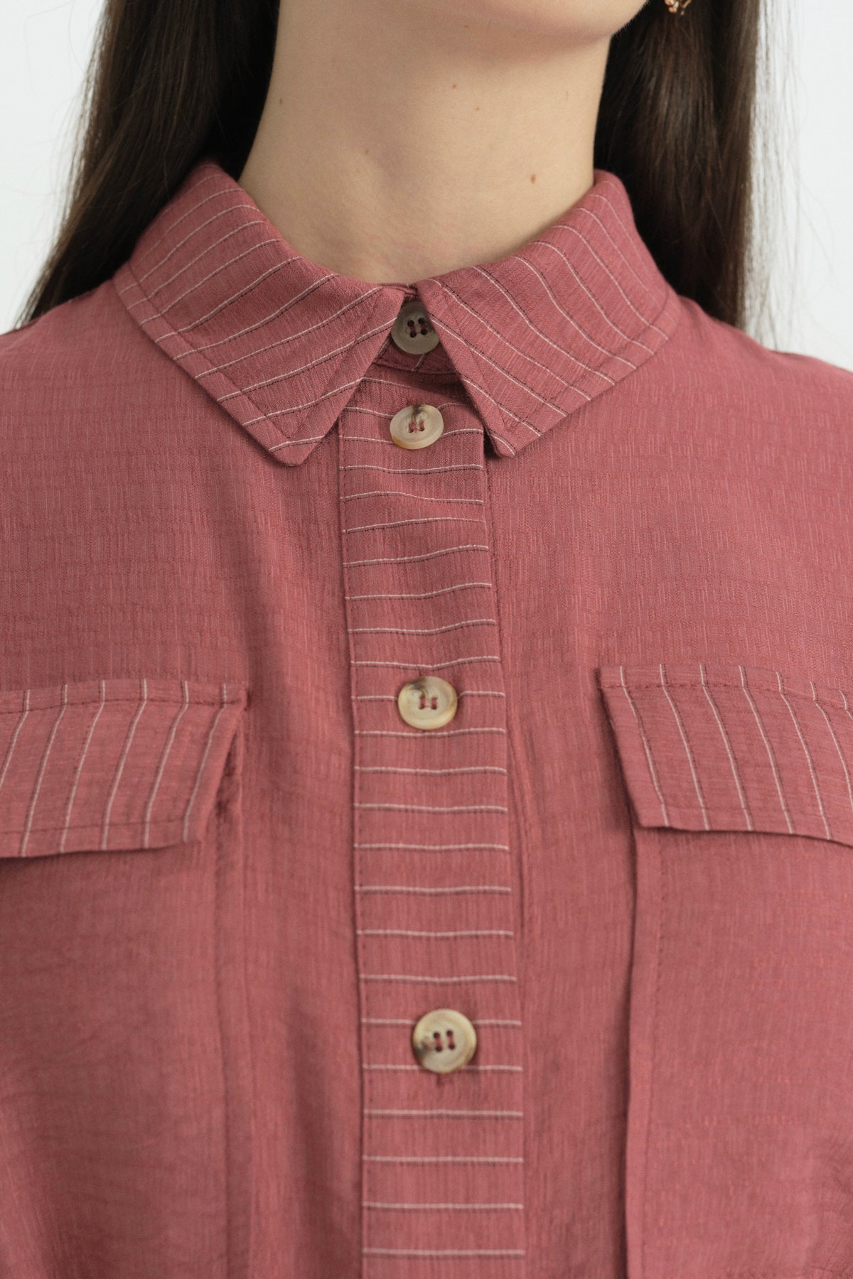 Striped Detail Belted Long Viscose Tunic - Dusty Rose