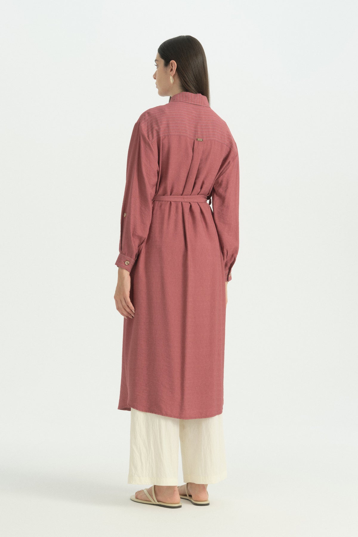 Striped Detail Belted Long Viscose Tunic - Dusty Rose