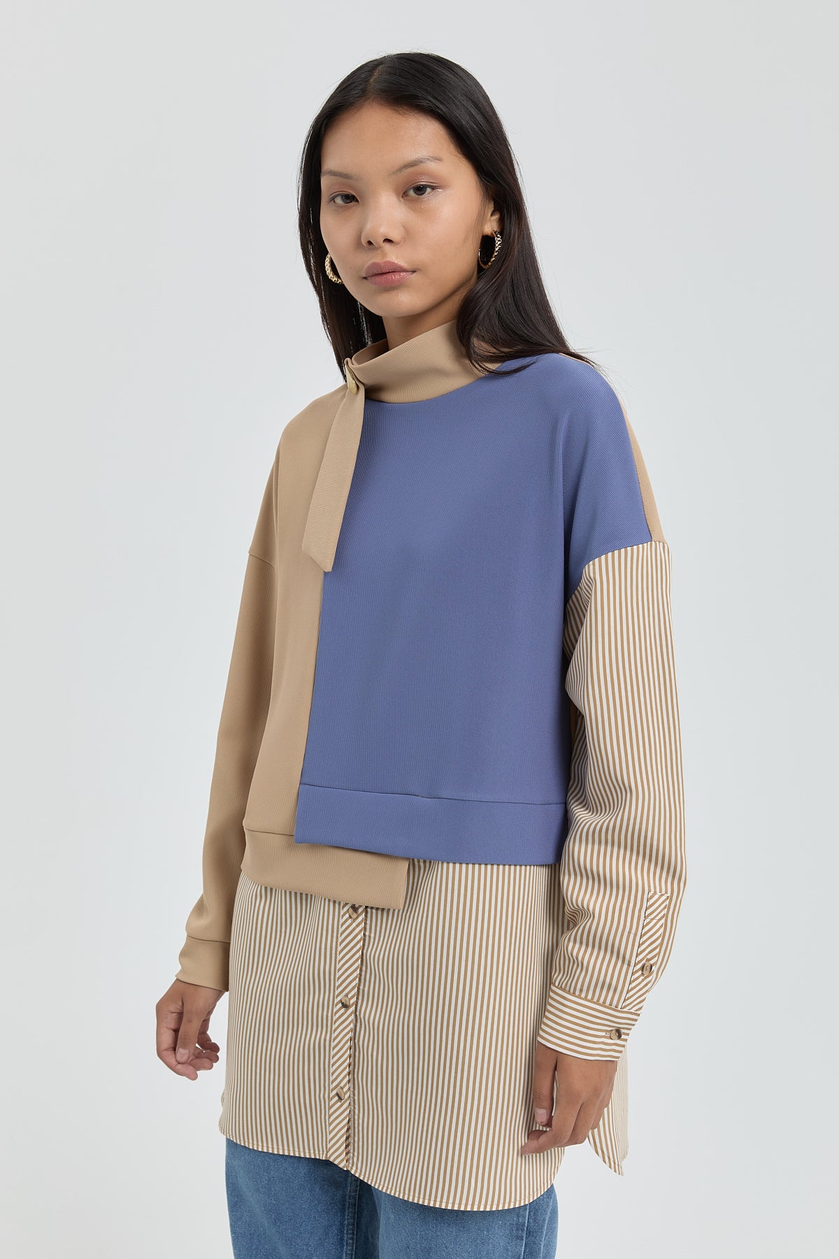 Çizgi Garnili Örme Tunik - Camel