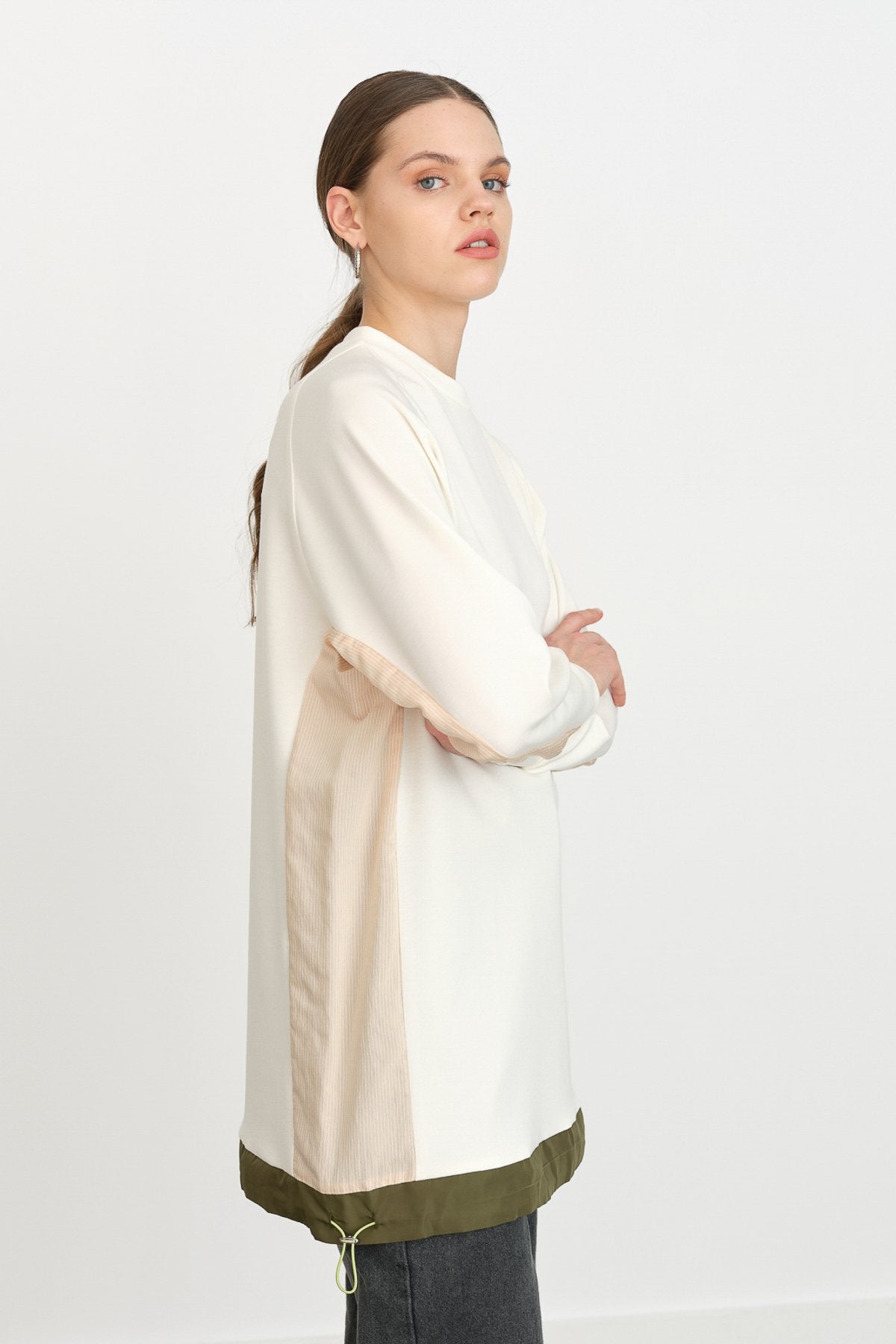 Striped Fabric Detail Knitted Tunic - Ecru