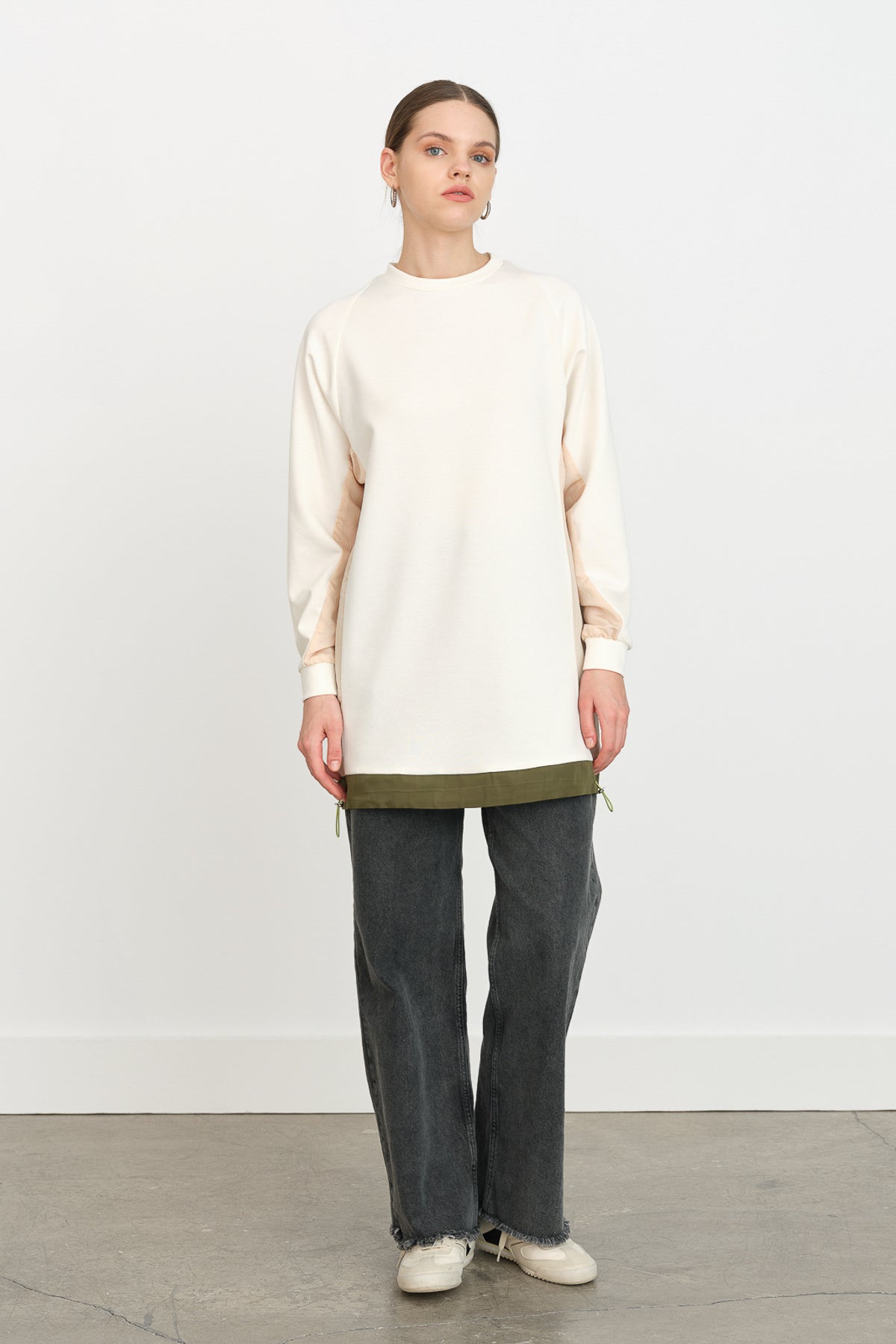 Striped Fabric Detail Knitted Tunic - Ecru