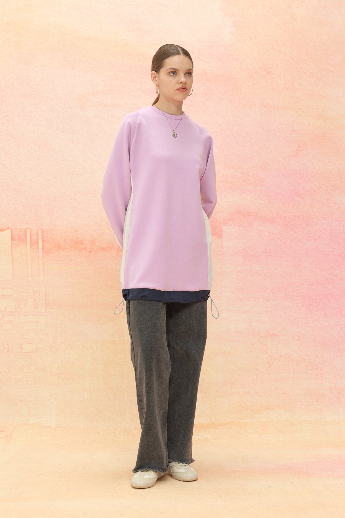 Çizgi Kumaş Detaylı Örme Tunik - Lila