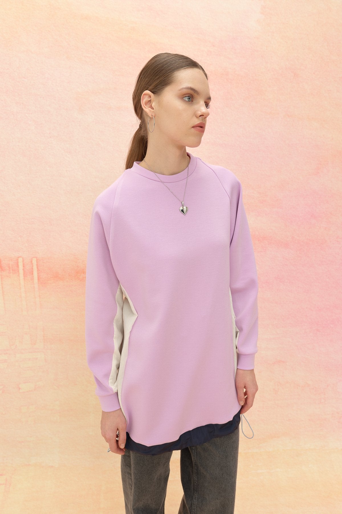 Striped Fabric Detailed Knitted Tunic - Lilac