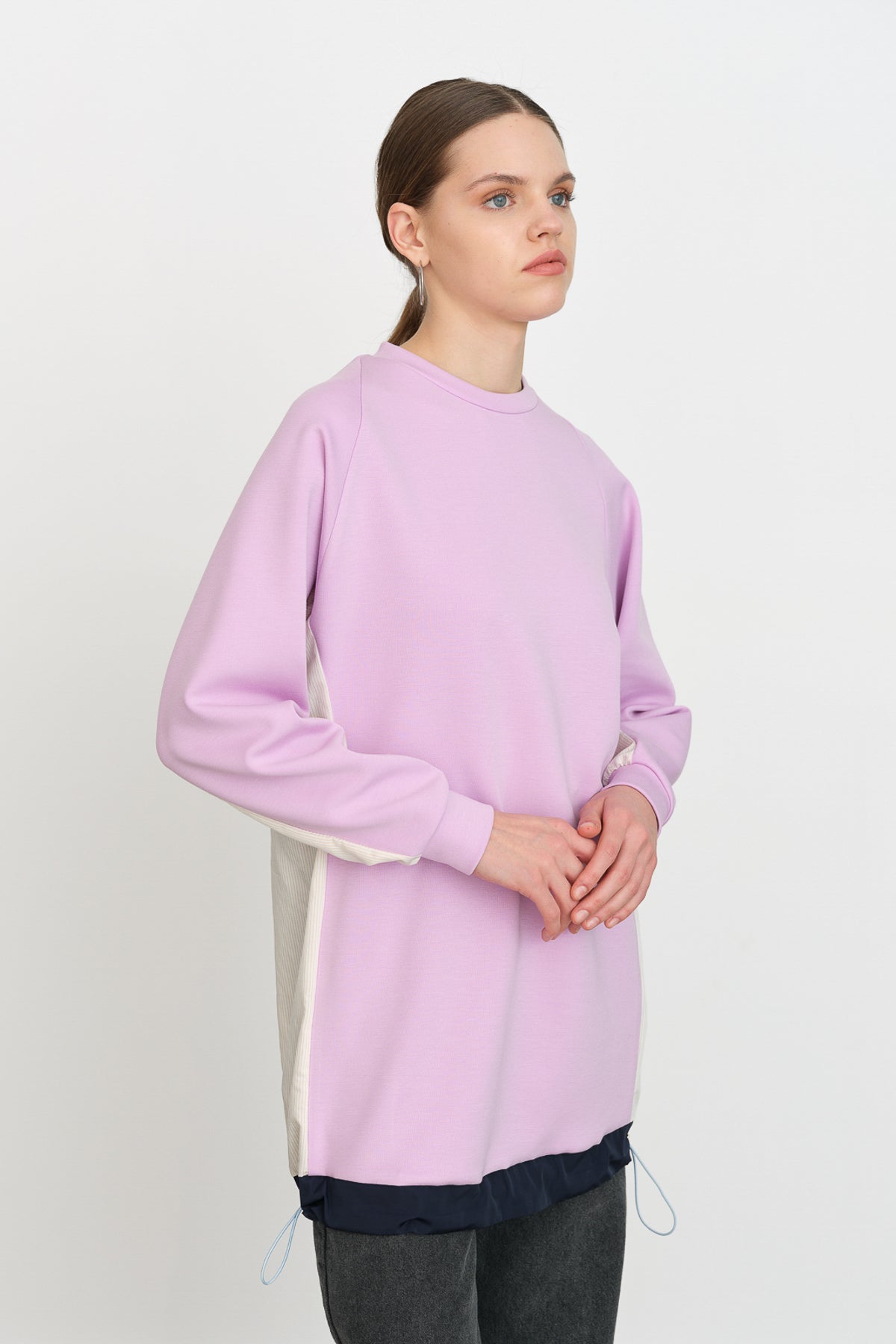 Striped Fabric Detailed Knitted Tunic - Lilac