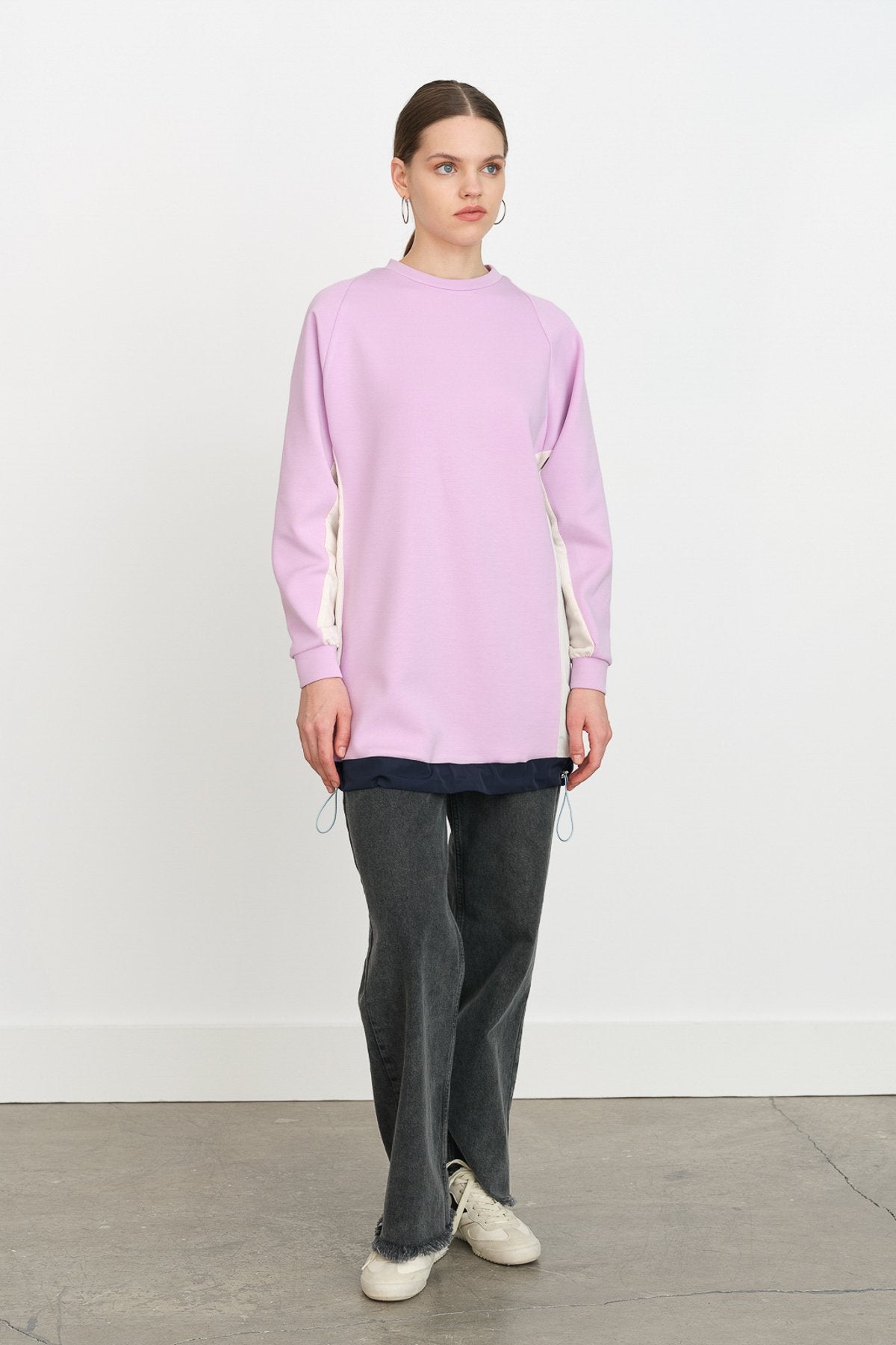 Striped Fabric Detailed Knitted Tunic - Lilac