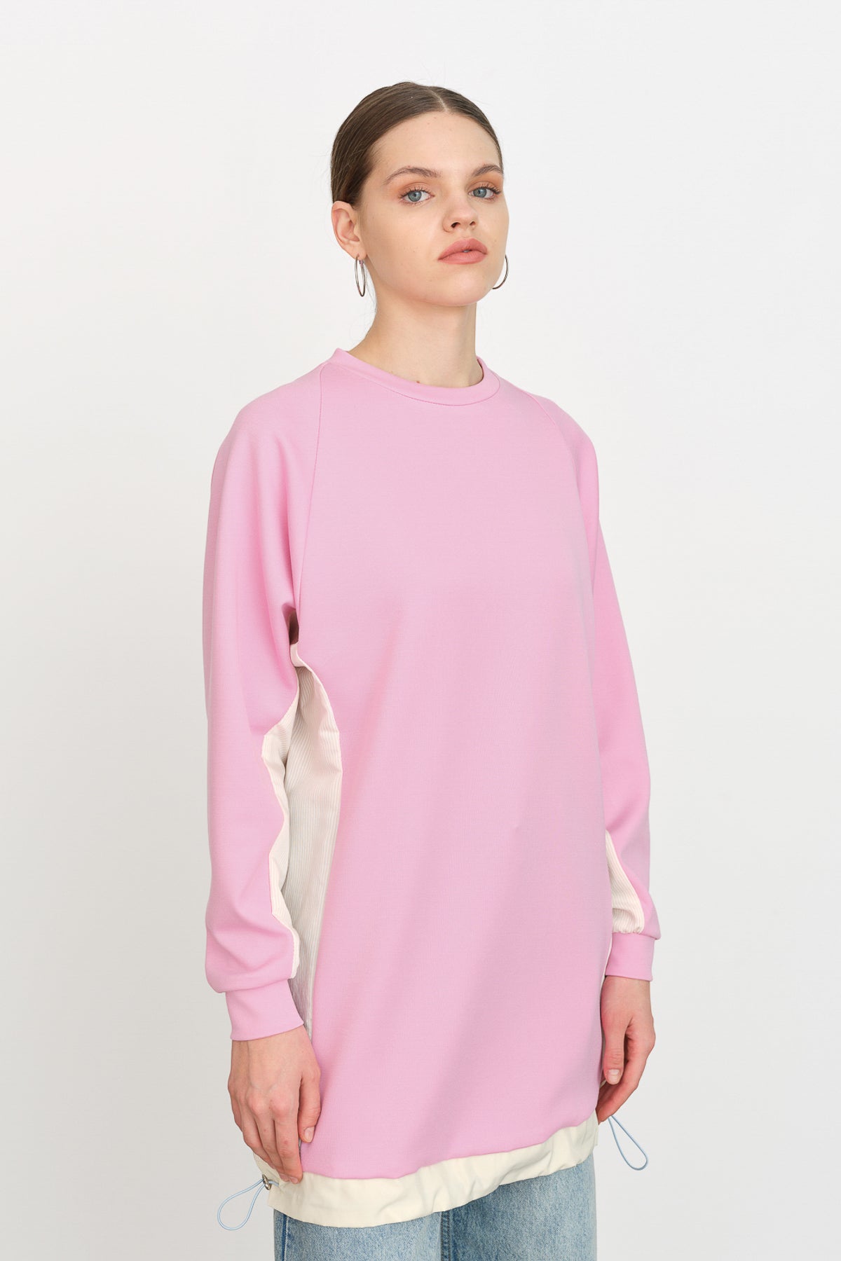 Çizgi Kumaş Detaylı Örme Tunik - Pembe