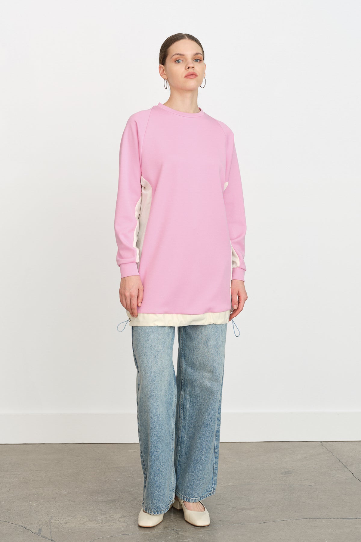 Çizgi Kumaş Detaylı Örme Tunik - Pembe