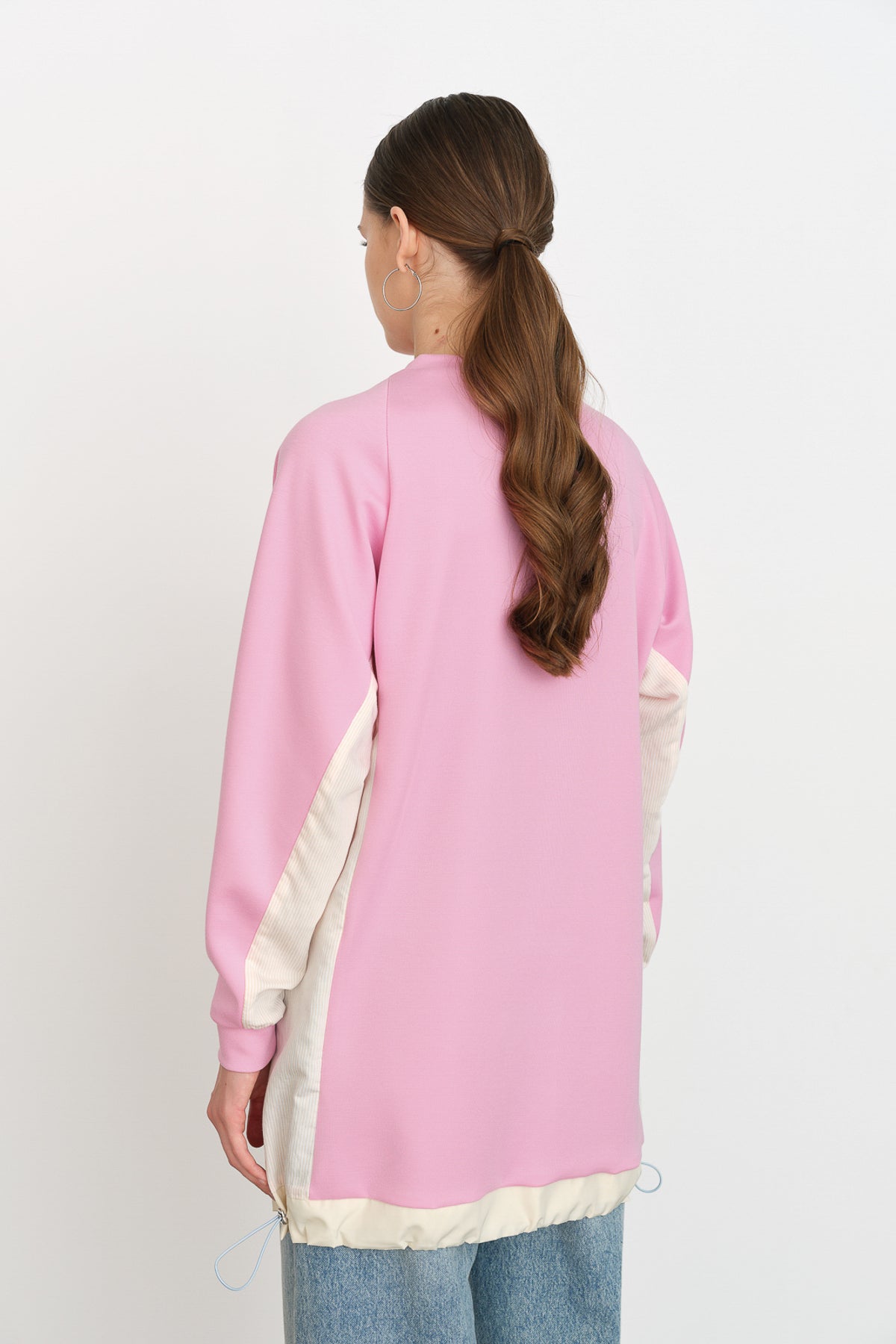 Çizgi Kumaş Detaylı Örme Tunik - Pembe