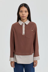 Çizgi Kumaş Garnili Örme Gömlek Yaka Tunik - Kahve