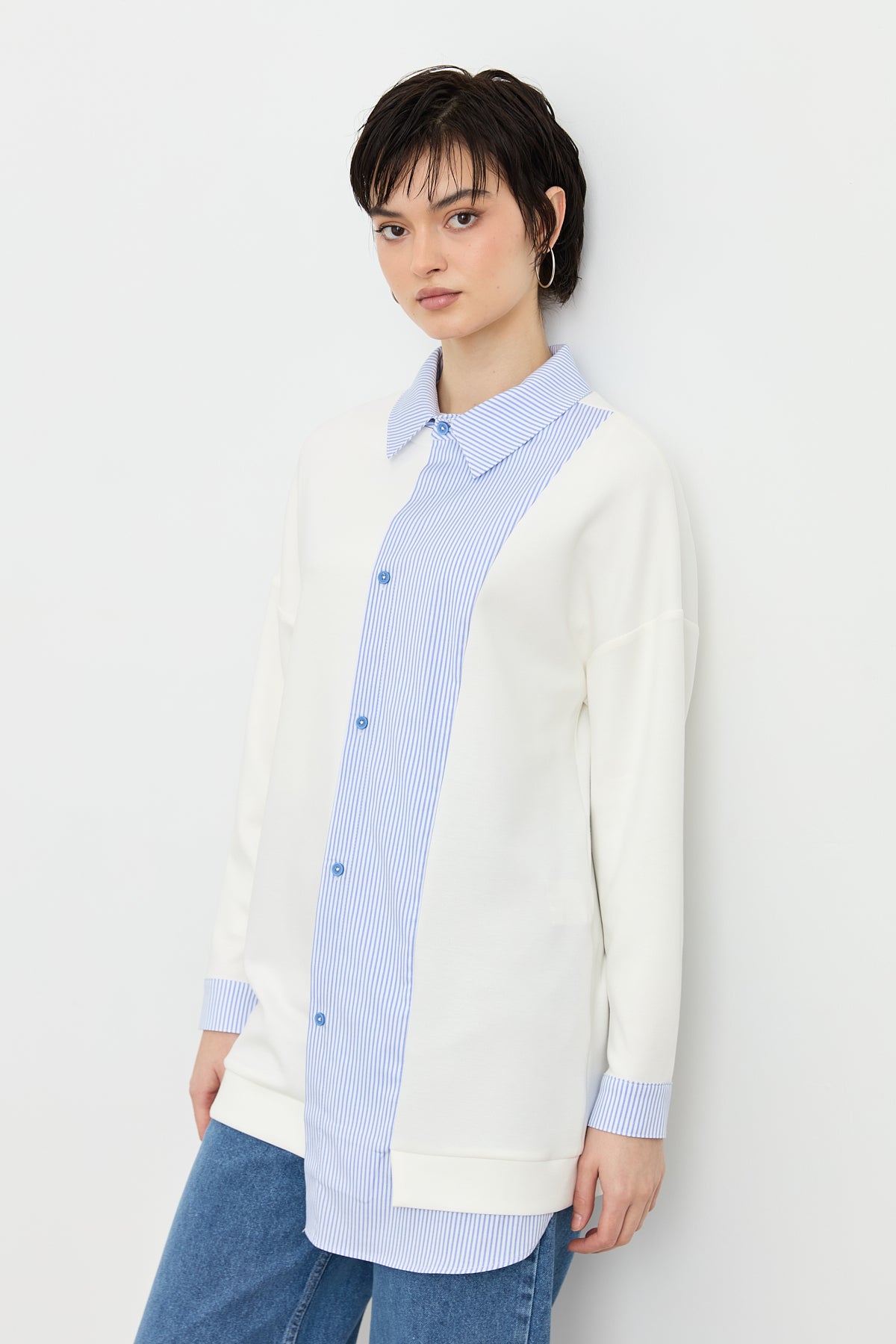 Striped Fabric Mixed Asymmetrical Knitted Tunic - Blue
