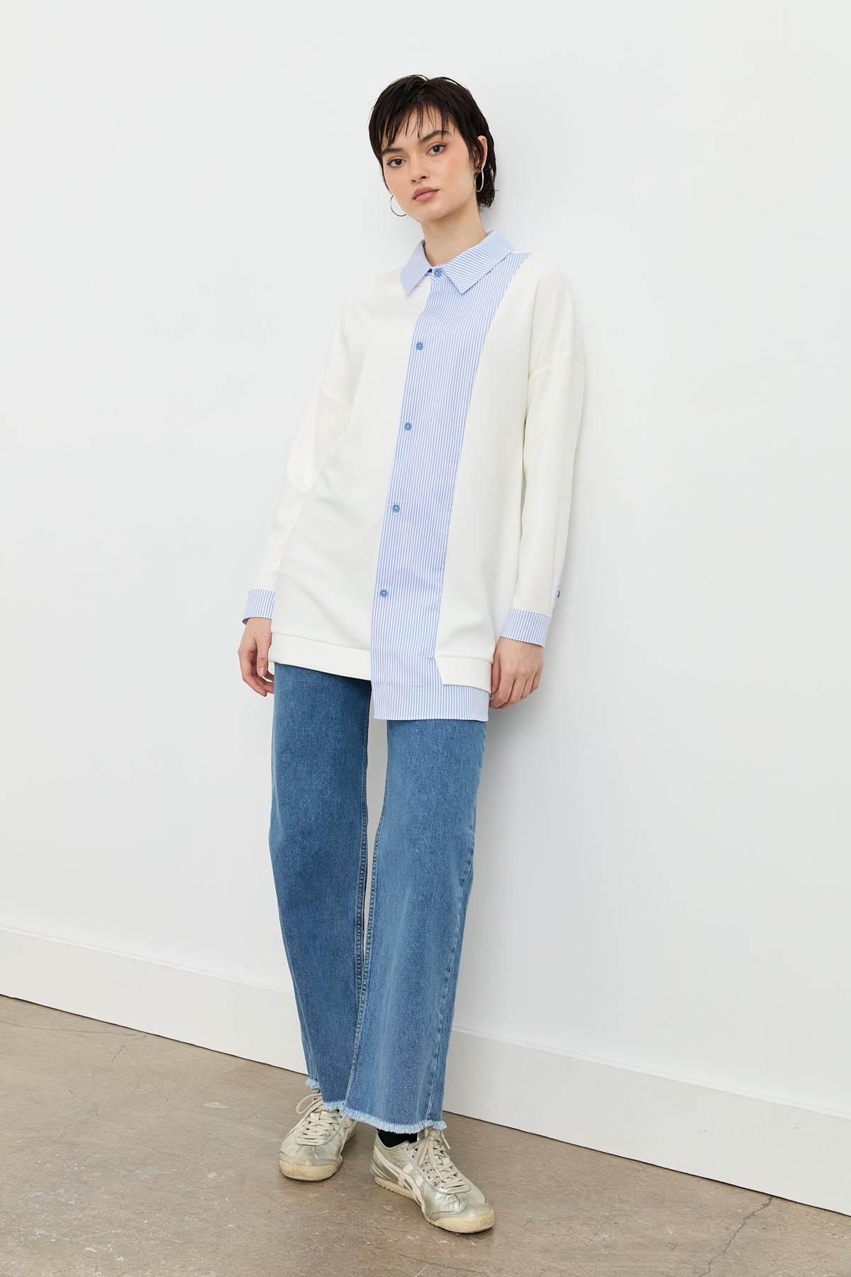 Striped Fabric Mixed Asymmetrical Knitted Tunic - Blue