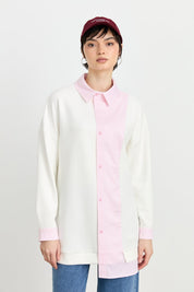 Çizgi Kumaş Mixli Asimetrik Örme Tunik - Pembe
