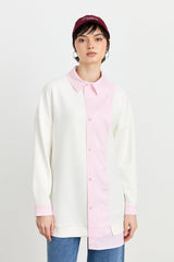 Çizgi Kumaş Mixli Asimetrik Örme Tunik - Pembe