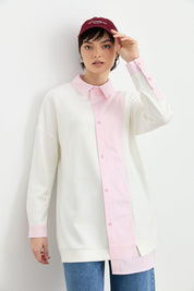 Çizgi Kumaş Mixli Asimetrik Örme Tunik - Pembe