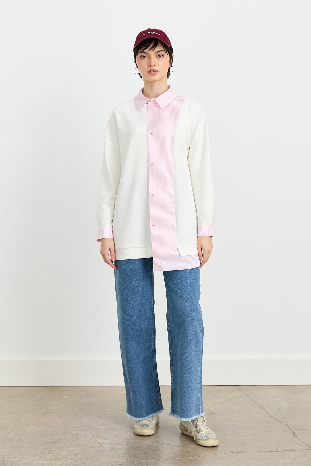 Çizgi Kumaş Mixli Asimetrik Örme Tunik - Pembe