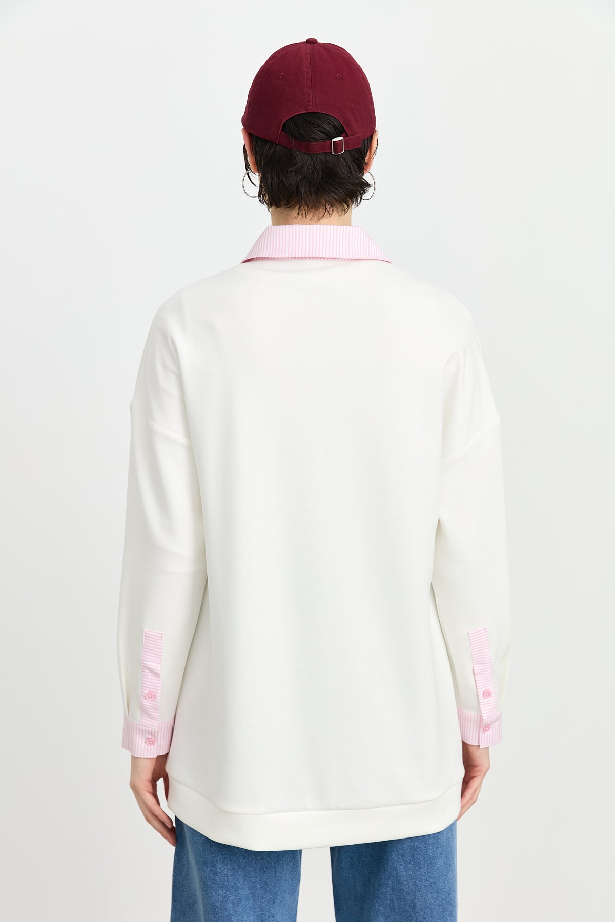 Çizgi Kumaş Mixli Asimetrik Örme Tunik - Pembe