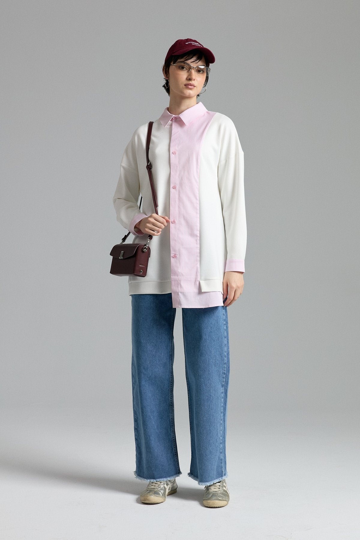 Çizgi Kumaş Mixli Asimetrik Örme Tunik - Pembe