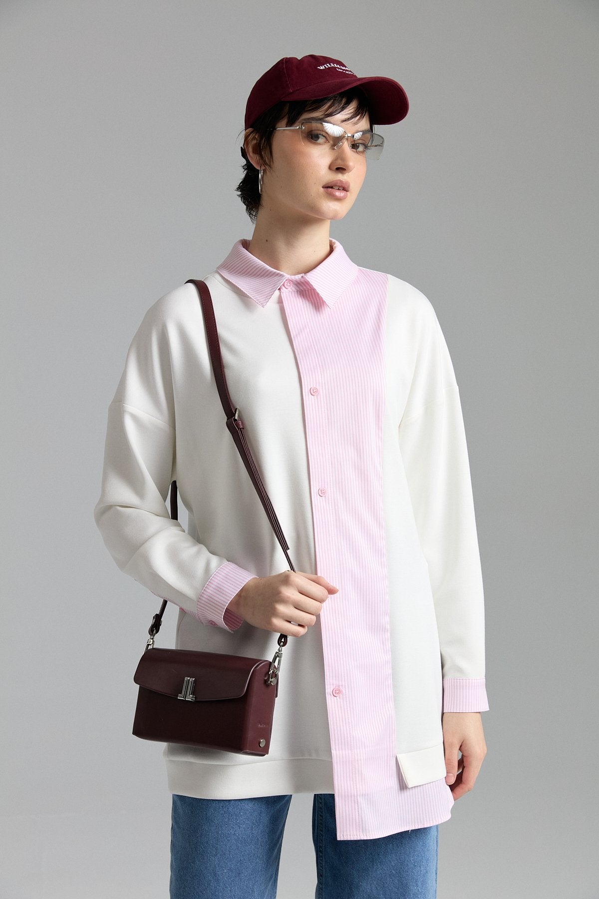 Çizgi Kumaş Mixli Asimetrik Örme Tunik - Pembe