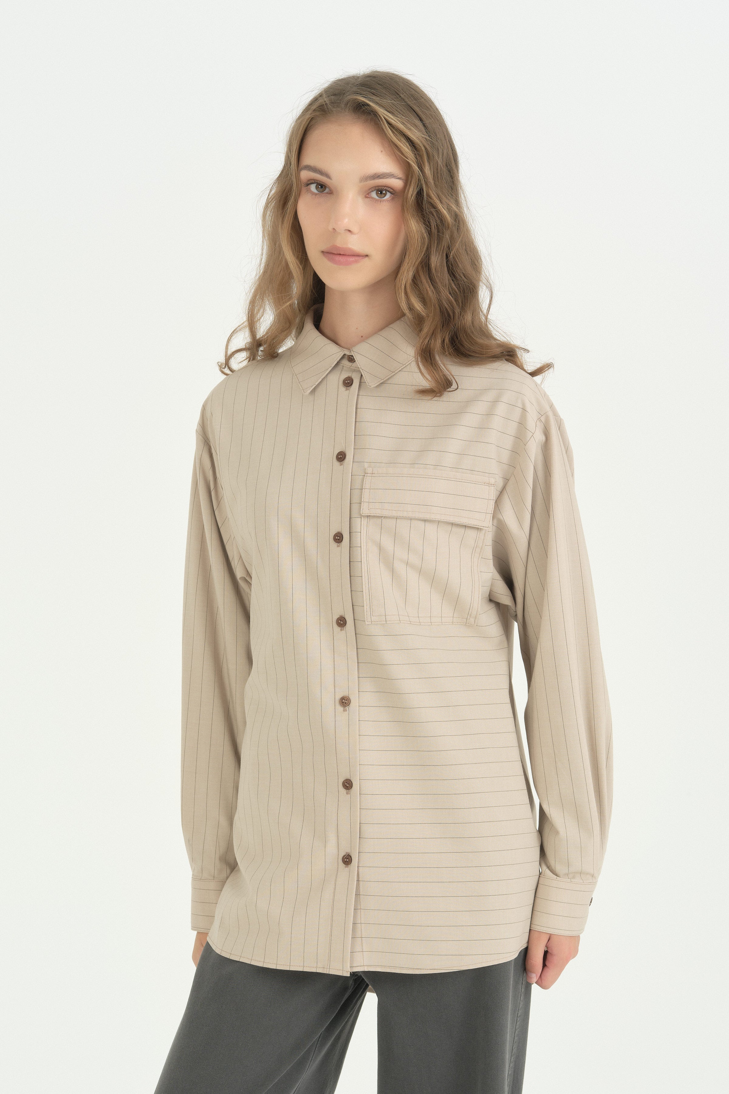 Çizgi Kumaş Mixli Oversize Spor Tunik - Bej
