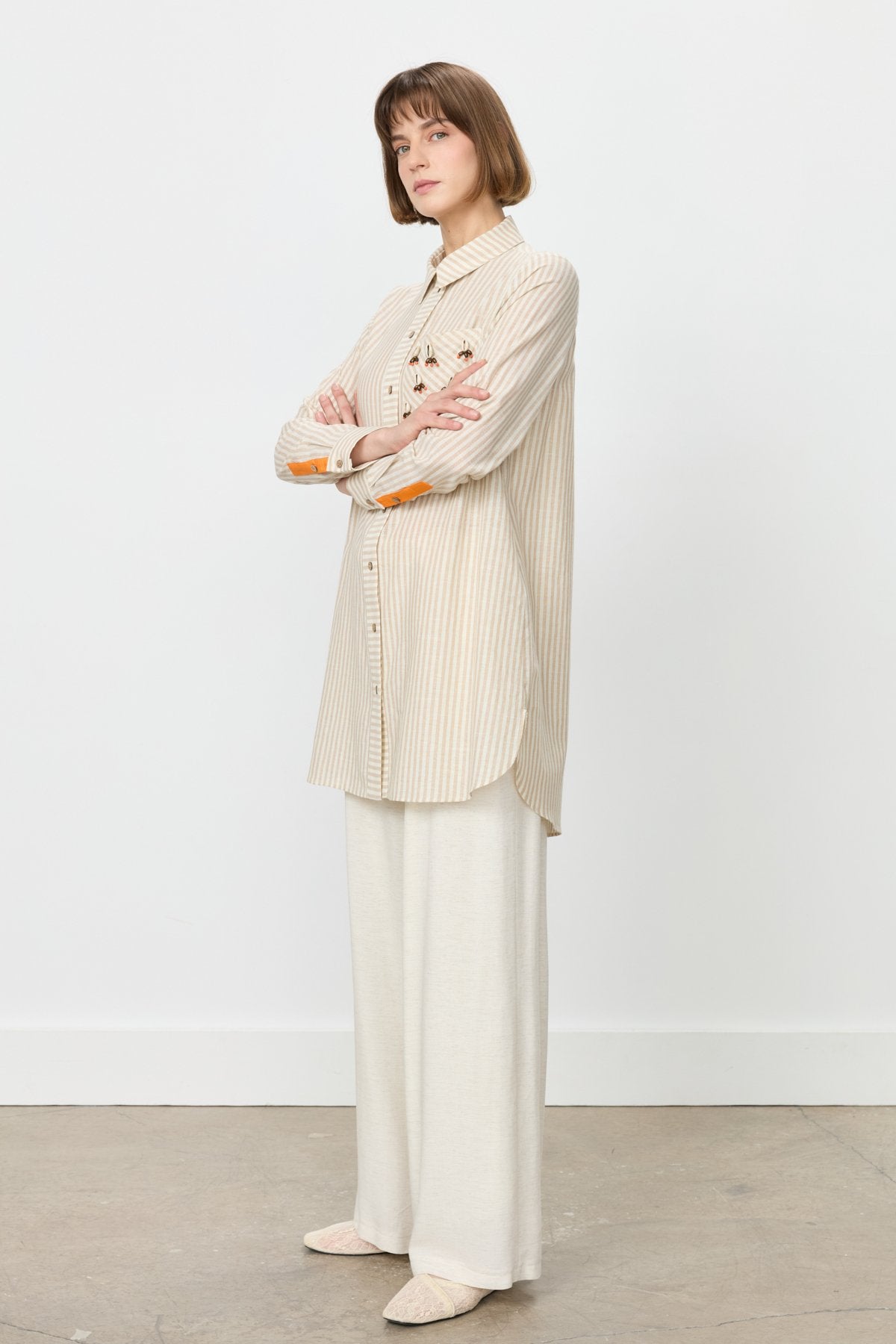 Striped Mixed Seashell Pattern Cotton Tunic Shirt - Beige