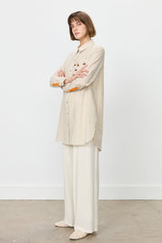 Striped Mixed Seashell Pattern Cotton Tunic Shirt - Beige
