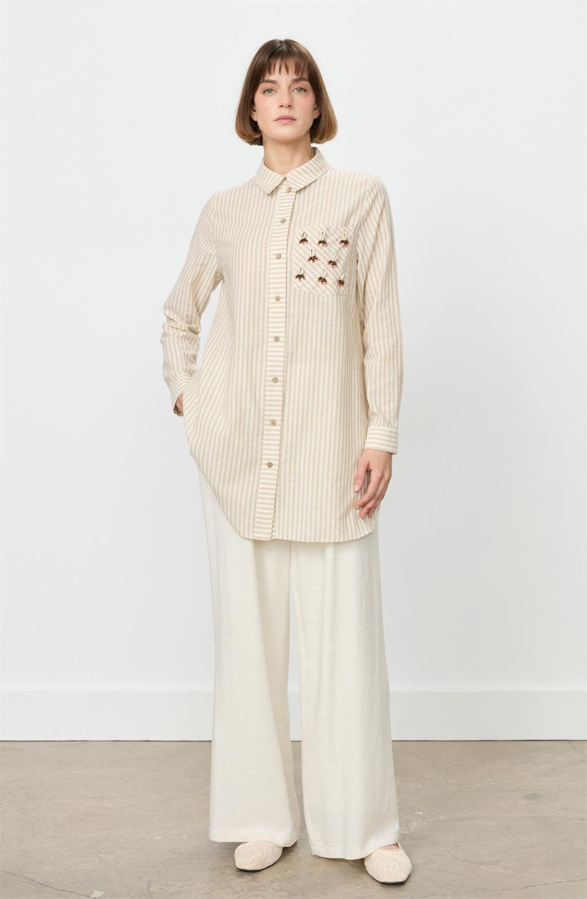 Striped Mixed Seashell Pattern Cotton Tunic Shirt - Beige