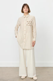 Striped Mixed Seashell Pattern Cotton Tunic Shirt - Beige