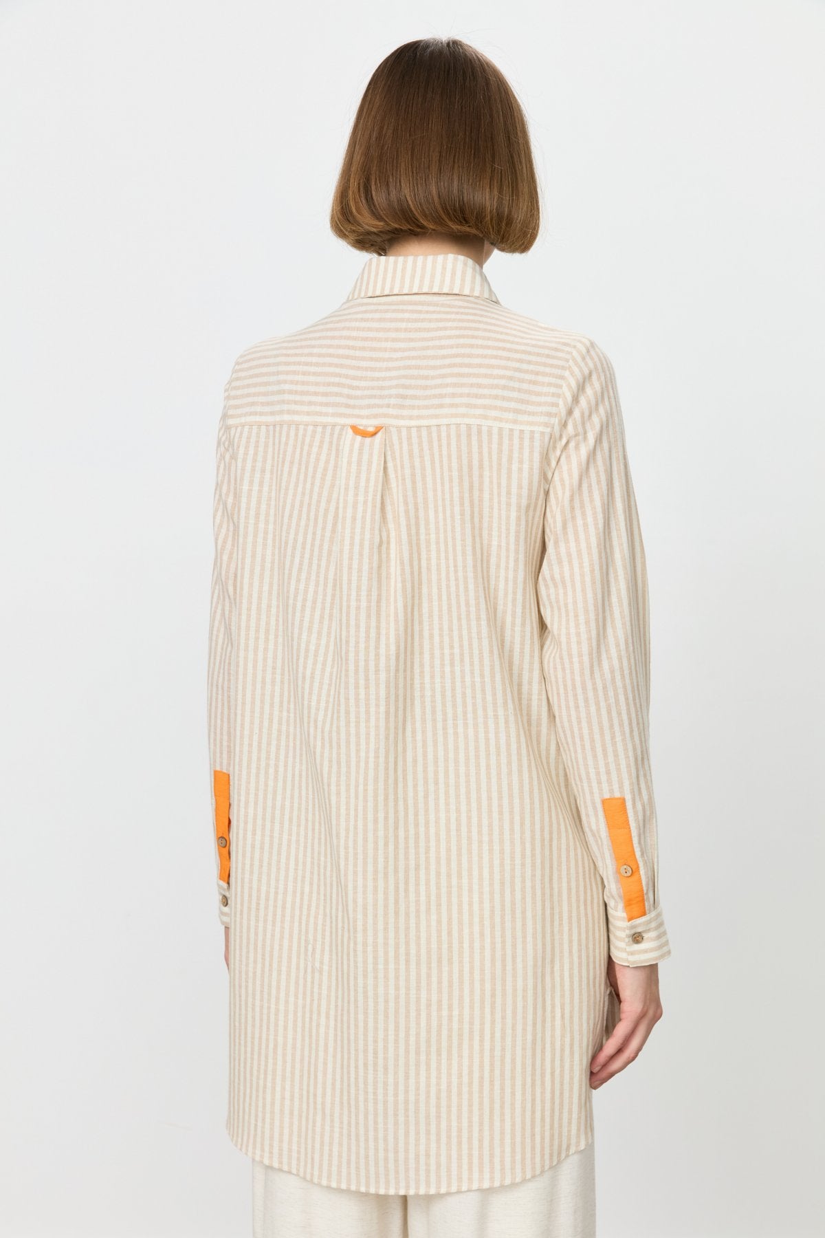 Striped Mixed Seashell Pattern Cotton Tunic Shirt - Beige