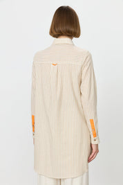 Striped Mixed Seashell Pattern Cotton Tunic Shirt - Beige