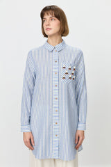 Striped Mixed Seashell Cotton Tunic Shirt - Indigo
