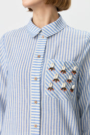 Striped Mixed Seashell Cotton Tunic Shirt - Indigo