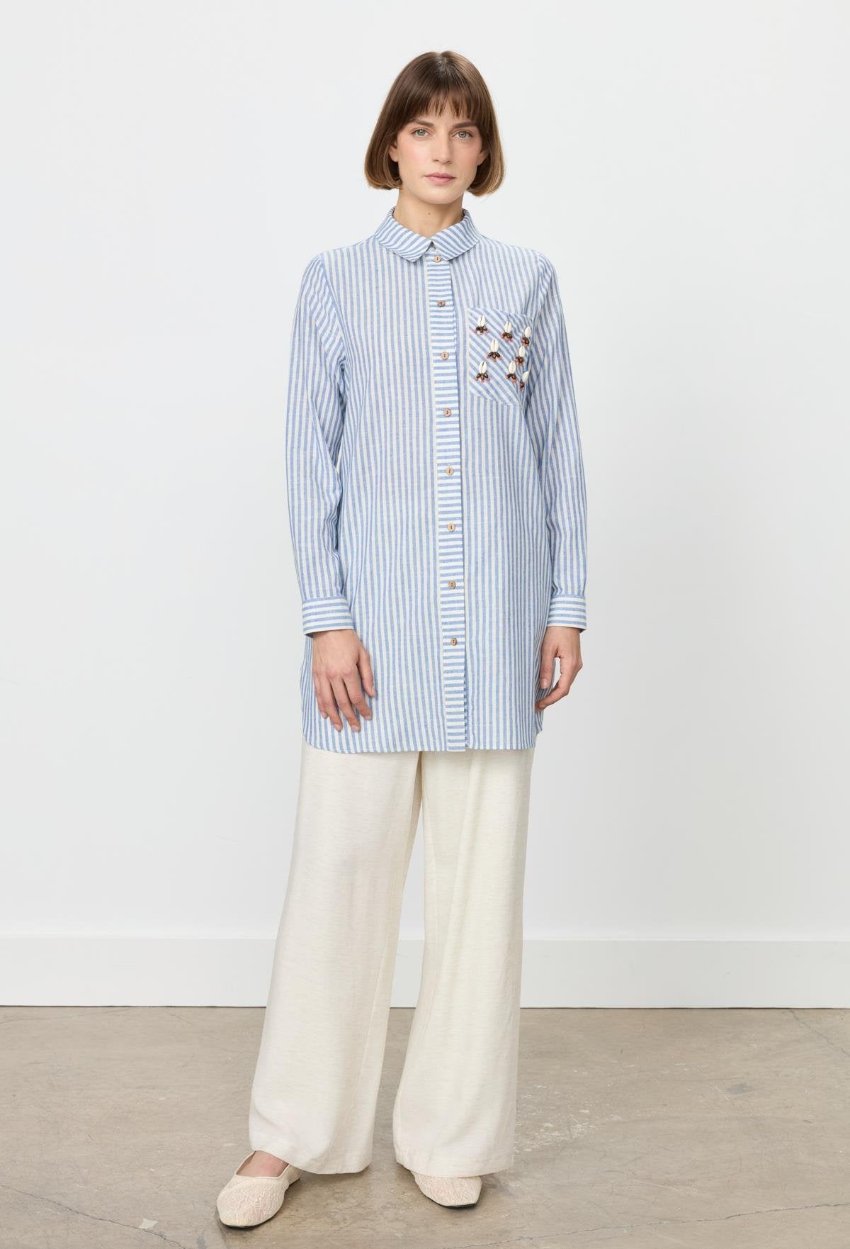 Striped Mixed Seashell Cotton Tunic Shirt - Indigo