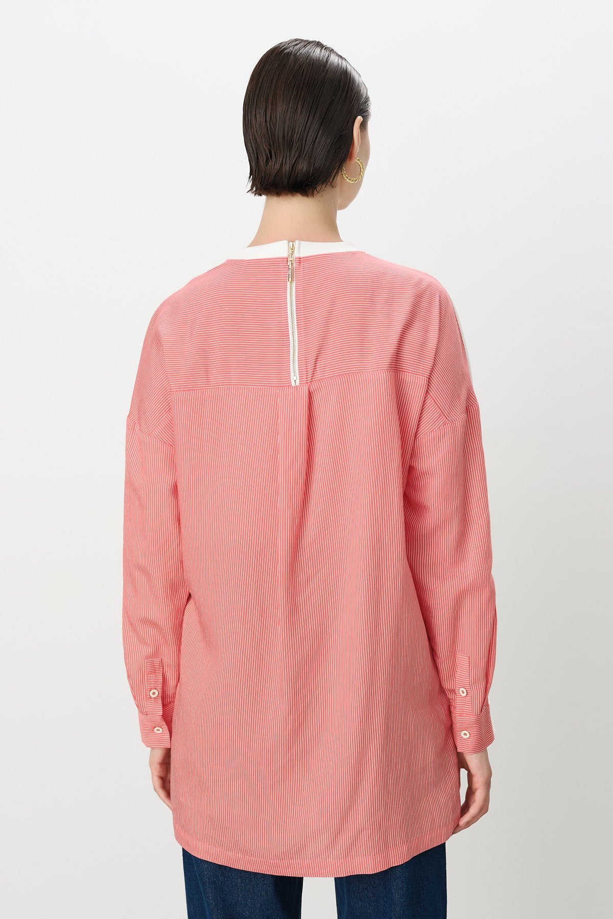Çizgi ve Nakış Detaylı Örme Sweat - Mercan