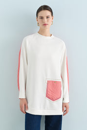 Çizgi ve Nakış Detaylı Örme Sweat - Mercan