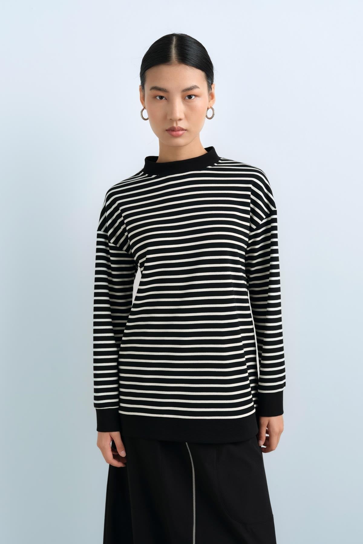 Çizgili Basic Sweat - Siyah